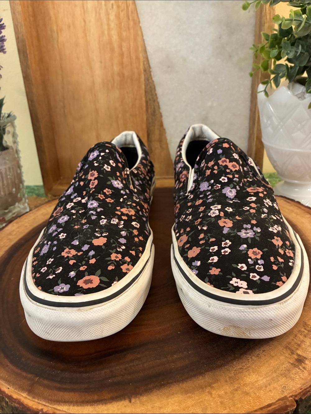 Vans Black Slip-On Sneakers with Pink & Lavender Floral Pattern - Picture 2 of 11